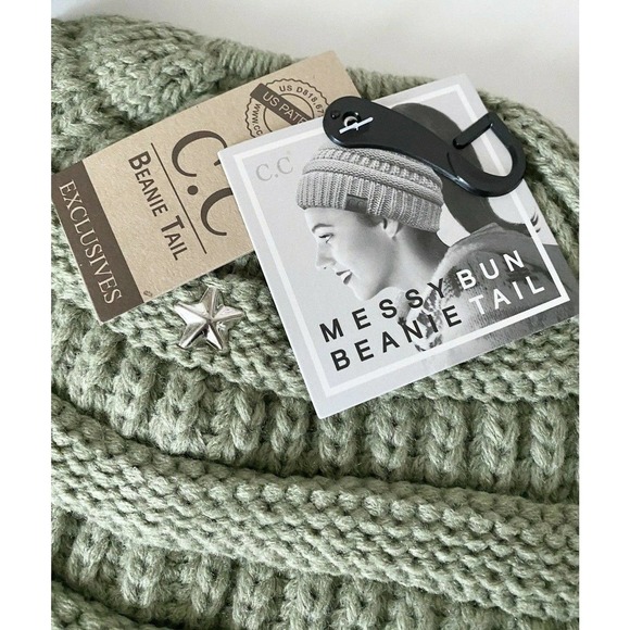 New Adult Size CC Sage Green Cable Knit Beanie Tail Bun Ponytail Hat w/ Stars - Picture 5 of 6